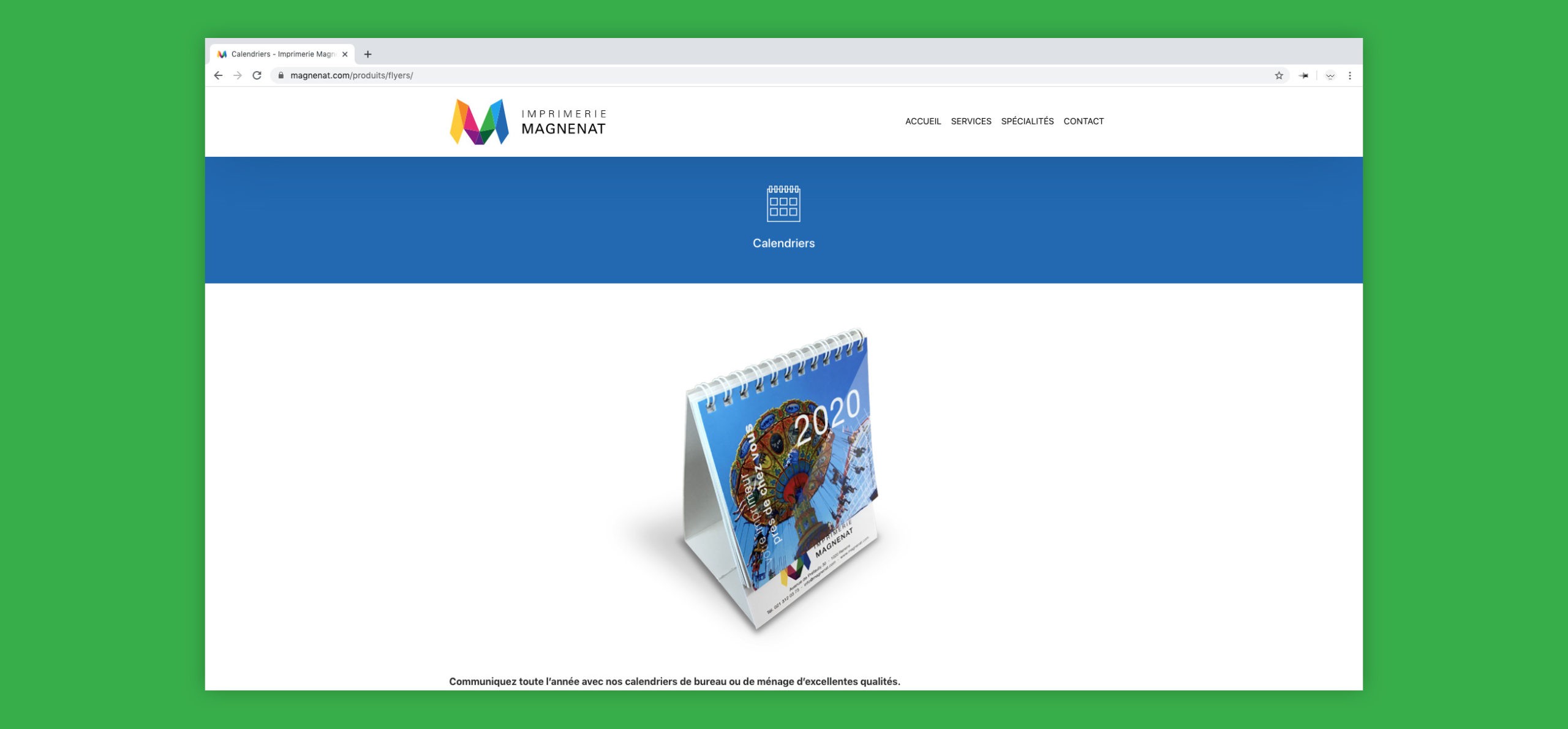 Site web magnenat sur la page des flyers avec une image de calendrier au centre.